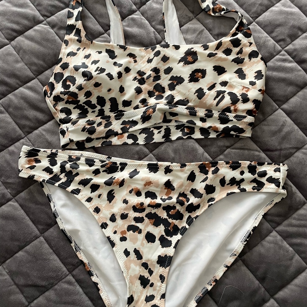 Leopard Print Bikini Set - White & Brown Women's Swim